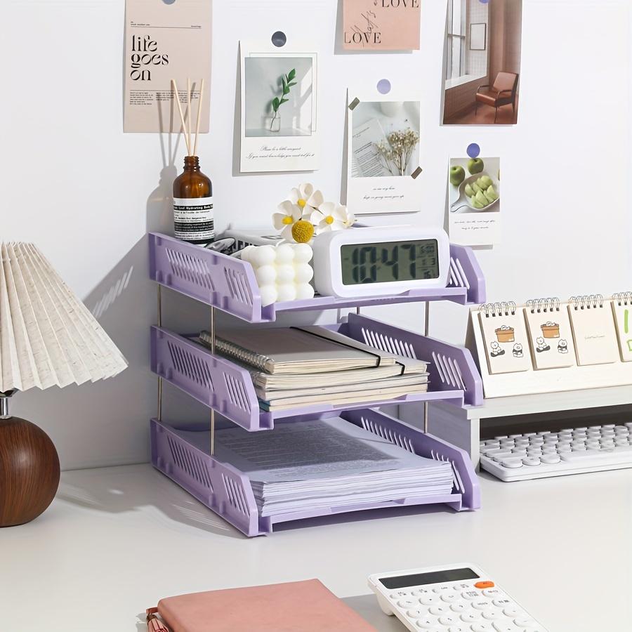 

3-Tier Plastic Desk Organizer with Sliding Trays - Perfect for Office Supplies and File Management фиолетовый