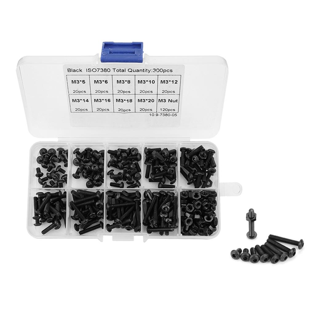 Kit Assortimento Bulloni Vite Dadi Testa Bombata Esagonale M3 Neri Grado 10.9 da 300 Pezzi