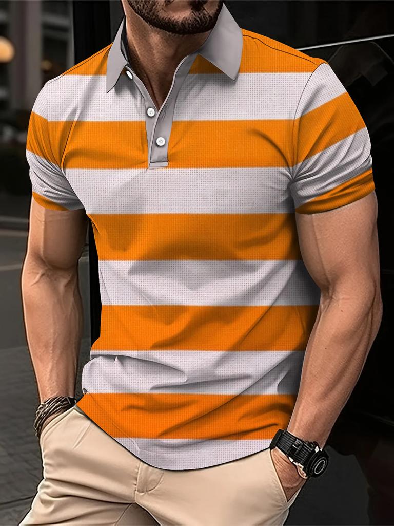 Men's Summer Short Clothes Sleeved Lapel 3D Digital Printed Striped Polo Shirt Men's Fashion Business Casual Top Clothes