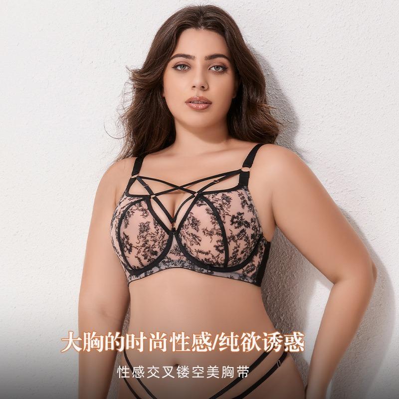 Large size underwear women's big breasts show small anti-sagging gathering breathable mesh full cup fat M bra