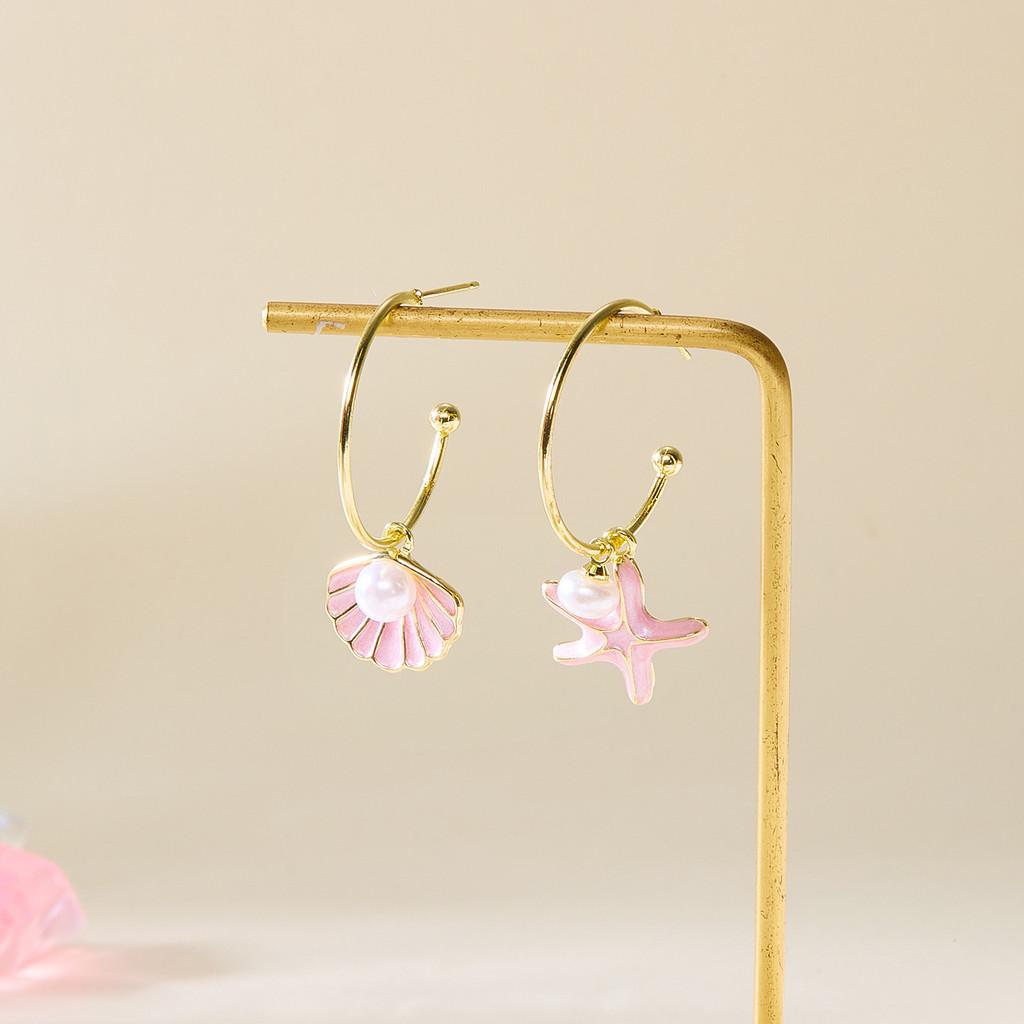 Fresh Style Shell Pearl Earrings For Women With Asymmetric Design And Electroplated Alloy