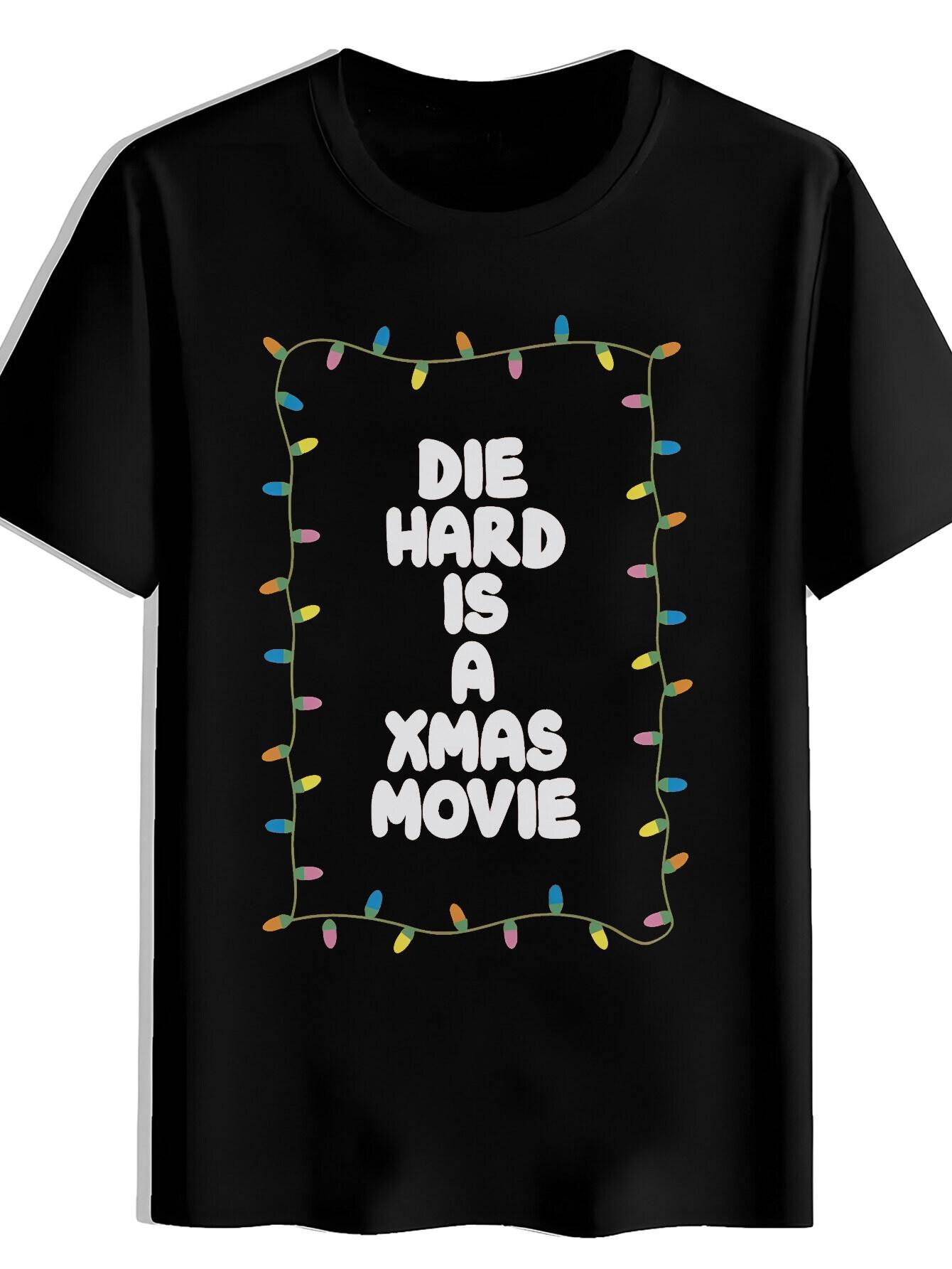 T-shirt Casual Summer with Colorful Christmas Lights &  Die Hard is a Christmas Movie  Graphic - Red & Orange Striped Background M