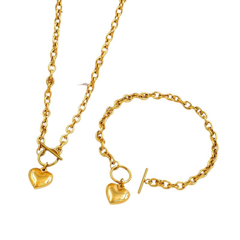Stainless Steel Heart Pendant Necklace & Bracelet Set - Fashionable Titanium Jewelry