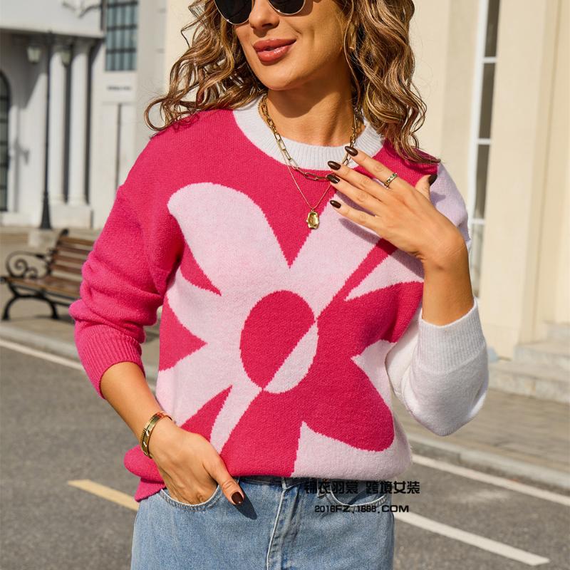 2025 Nový Podzim Zima Dámský Svetr s Dlouhým Rukávem Módní Všestranný Pletený Pulovr s Květinovou Aplikací