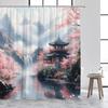 Japanese Style Shower Curtain Town Architecture Arch Bridge Pink Cherry Blossom Sunset Mountain Landscape Bathroom Curtain Decor