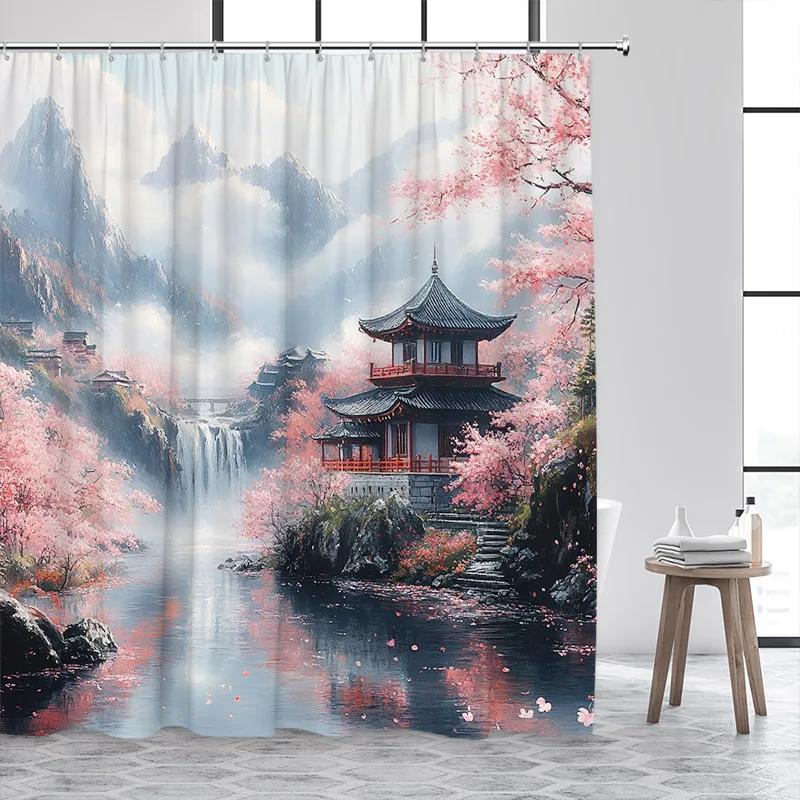 Japanese Style Shower Curtain Town Architecture Arch Bridge Pink Cherry Blossom Sunset Mountain Landscape Bathroom Curtain Decor