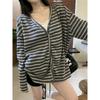 Wear a Lazy Style Versatile Striped V-neck Cardigan Jacket In Early Autumn, Femininity Large Size Loose Button Top