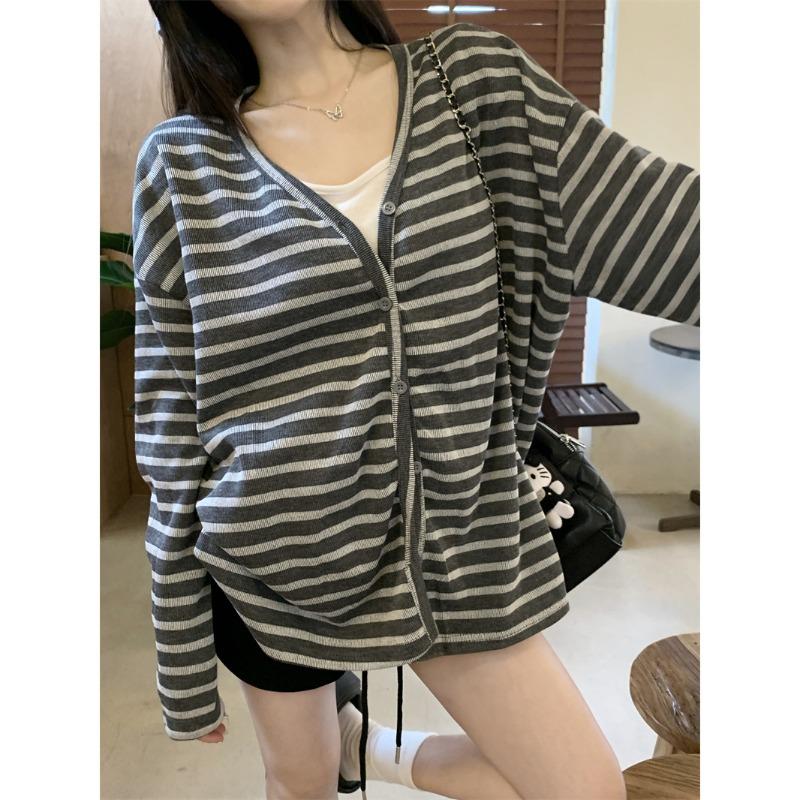 Wear a Lazy Style Versatile Striped V-neck Cardigan Jacket In Early Autumn, Femininity Large Size Loose Button Top