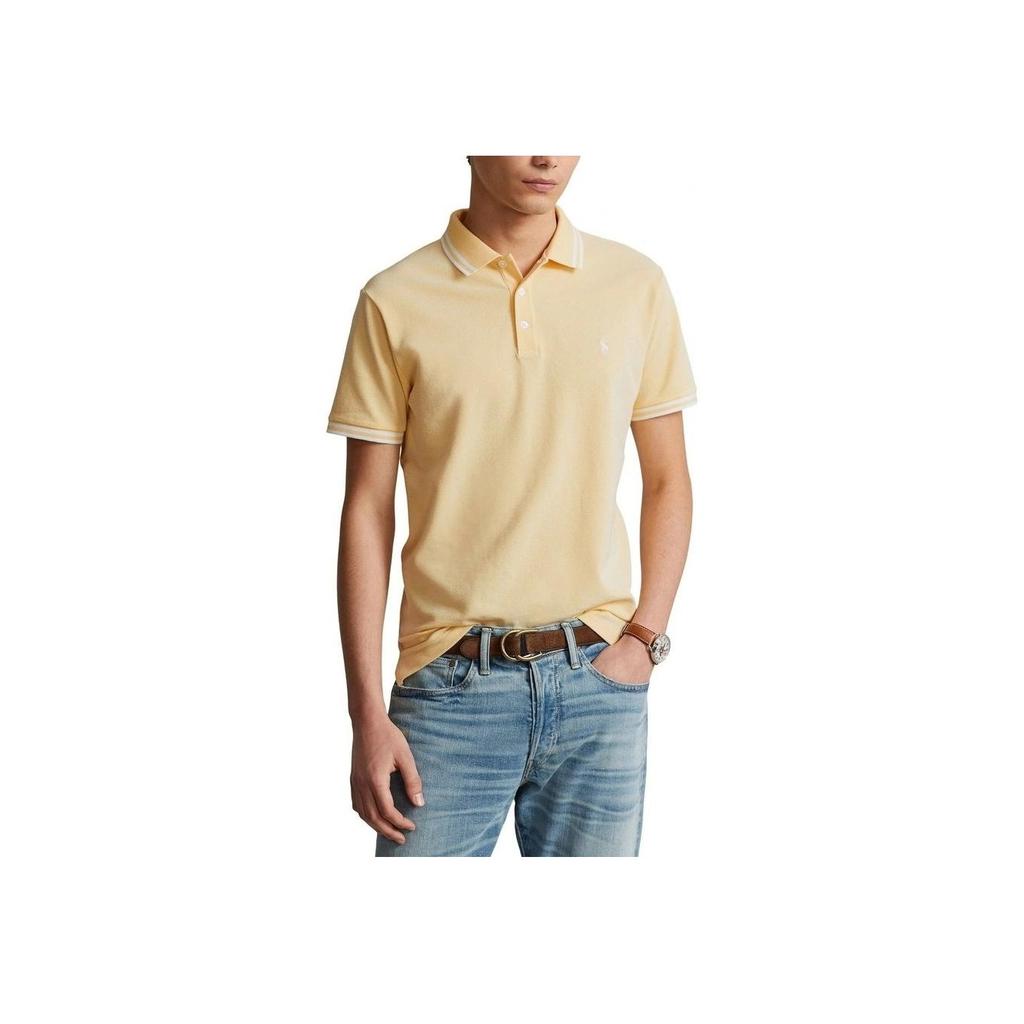 Polo Ralph Lauren Striped Trim Logo Embroidered Casual Short Sleeve Polo Shirt Men Tops Beige 710898948-005