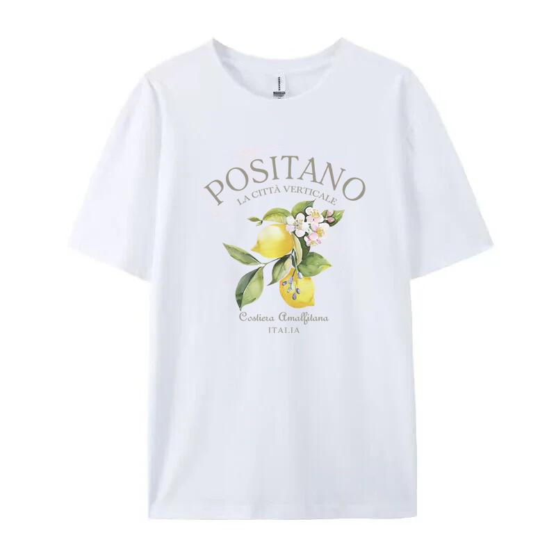 Positano Lemon Print T-shirt Short Sleeve Crew Neck Casual Top For Summer & Spring Unisex Summer Fashion Vintage Fruit T Shirt