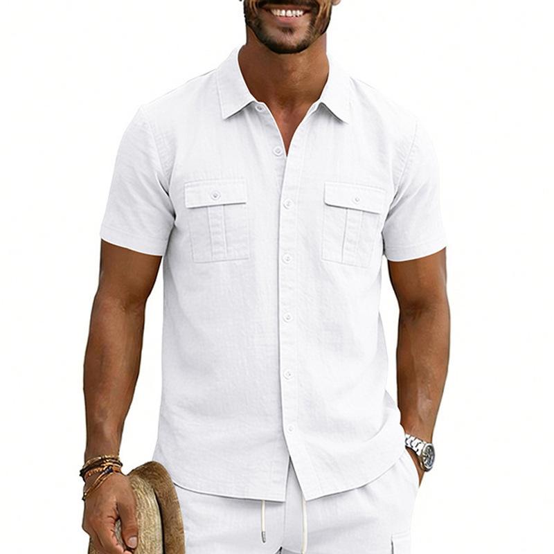 Cotton Linen Shirt Men Pocket Casual Beach Short Sleeve Solid Color Male Tops T-shirts Vintage Streetwear Comfort Casual Shirts