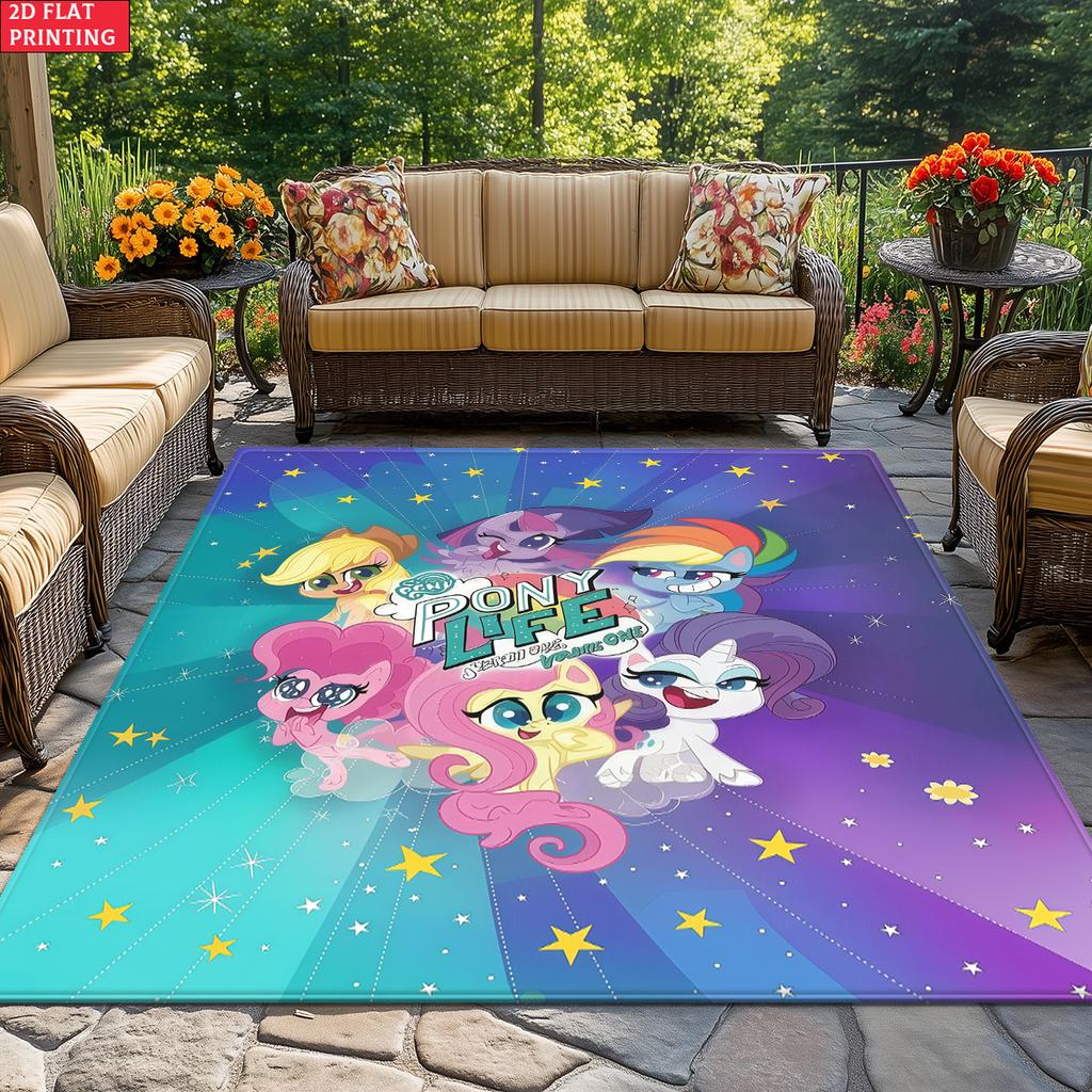 Cute Cartoon Pony Area Rug,Starry Gradient Theme Non-slip Floor Mat,Decorative Carpet for Kids Room Bedroom,Washable Home Gift