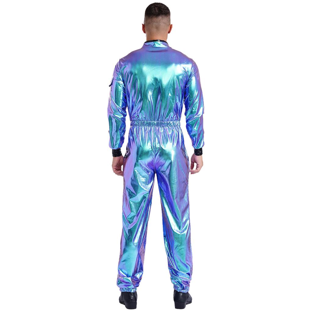 Mens Astronaut Costume Metallic Jumpsuit Zipper Front Halloween Cosplay