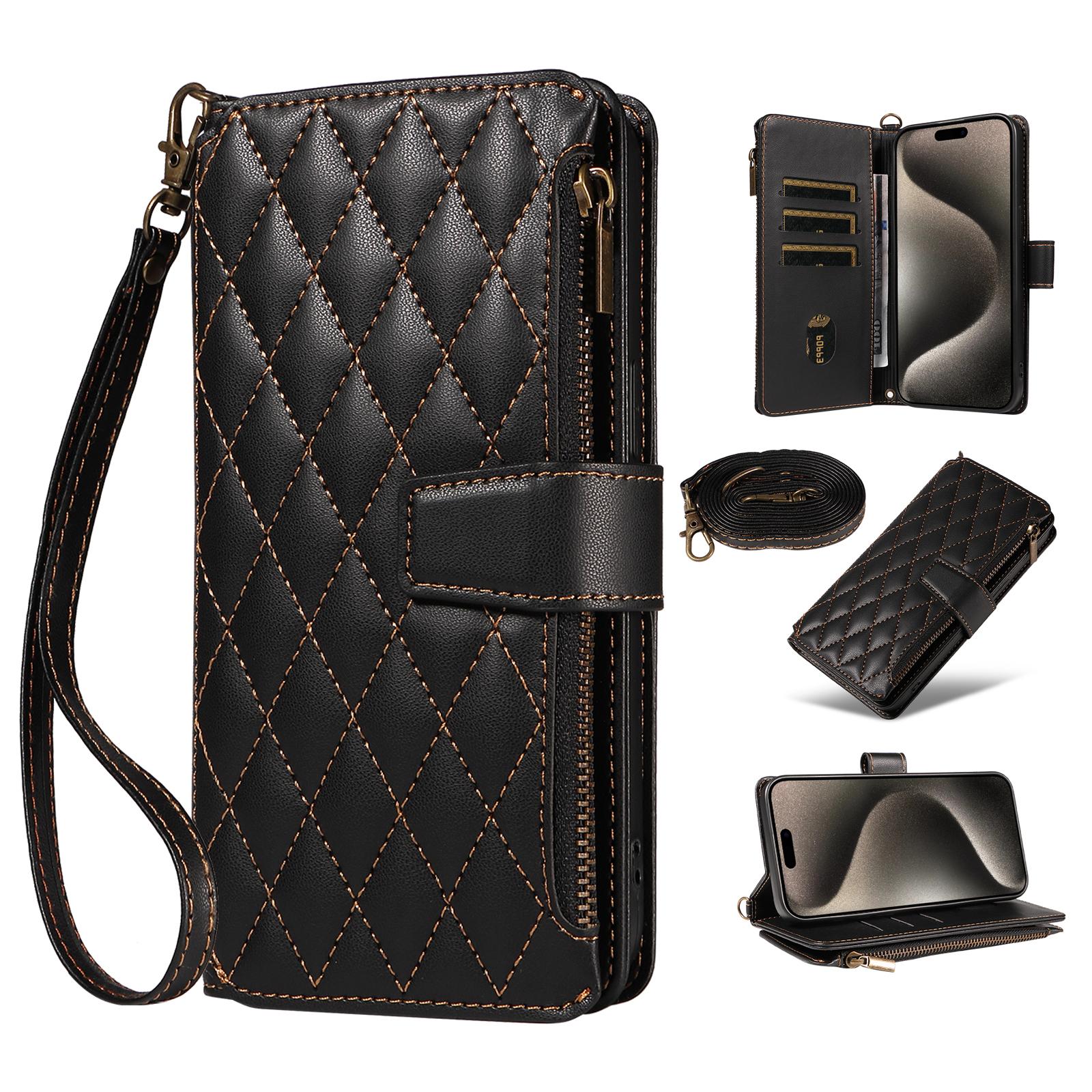 

For iPhone 16 Pro Max Leather Case with Card Holder, Straps, RFID Blocking Wallet Phone Cover Rhombus Pattern A