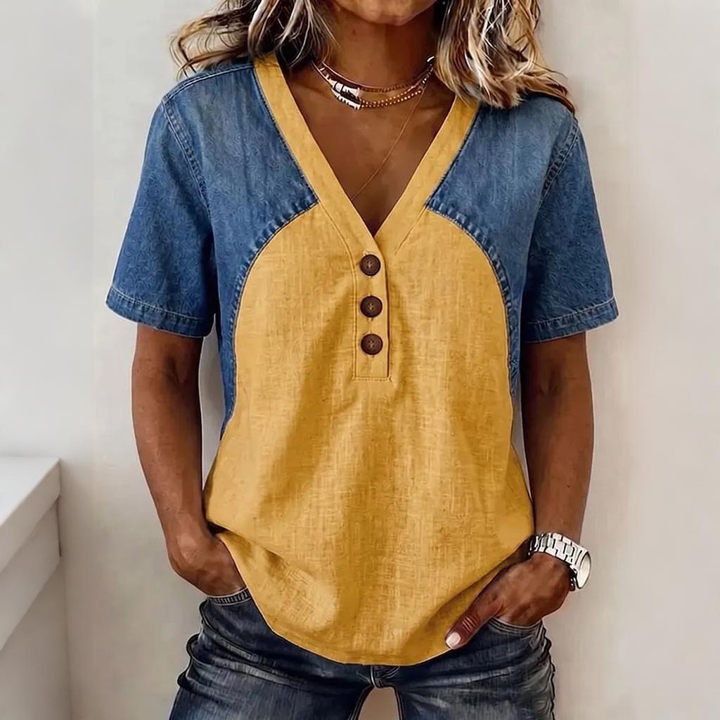 Top da Donna Scollo a V Manica Corta Patchwork di Denim Vestibilità Larga T-shirt Casual Dettaglio Bottoni Camicetta Estiva