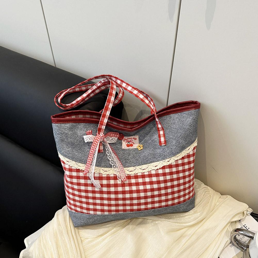 Retro Bow Lace Shoulder Bag Leisure Grid Large Capacity Handbag Underarm Bags Commuting Tote Bags College Students Schoolbag