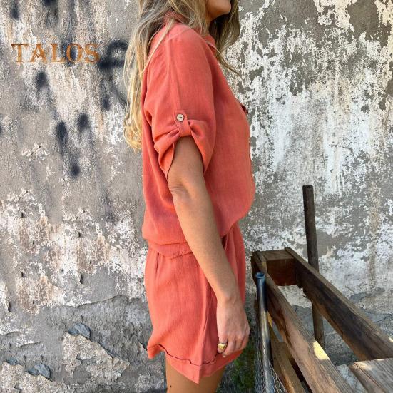 2 ks/sada Košile Kalhoty Jednobarevný oblek Krátké rukávy Klopý Límec Halenka Vysoký pas Volný Délka nad kolena Šortky Set Běžné oblečení na dojíždění