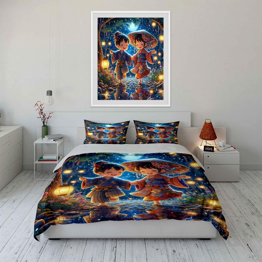 "Japanese Kimono Art Prints Set" Soft Skin-Friendly Bedding Set Includes 1 Duvet Cover And 2 Pillowcase Gift