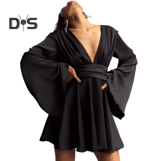 Dam Satinklänning Mini Utsvängd Långärmad Djup V-ringning Kort Klänning A-linje Högmidjad Flödande Klänning för Klubb Cocktailparty