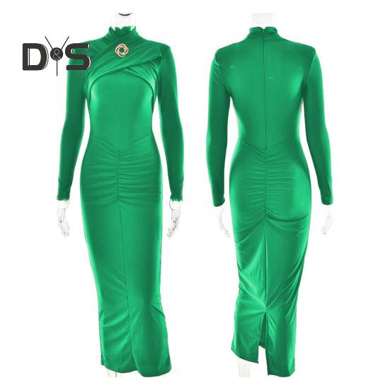 Dámské večerní šaty s vyhloubeným tělem, kovová spona nařasená elastická čistá barva midi šaty s dlouhým rukávem, plesové šaty