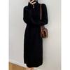 Womens Oversized Knit Midi Dress With Lapel Collar Long Sleeve Wool Blend A-Line Skirt Winter Layering