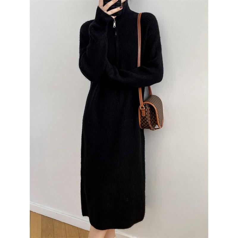 Womens Oversized Knit Midi Dress With Lapel Collar Long Sleeve Wool Blend A-Line Skirt Winter Layering
