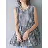 Japanese and Korean Hong Kong Style Summer Gingham Pure Color Round Neck Nail Pearl A- Line Ruffles Sleeveless Shirt Tops Doll Shirt for Women