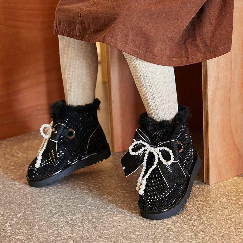 

Girls Waterproof Leather Wool Snow Boots, Non-slip, Velvet Lined, Winter-Ready. 28