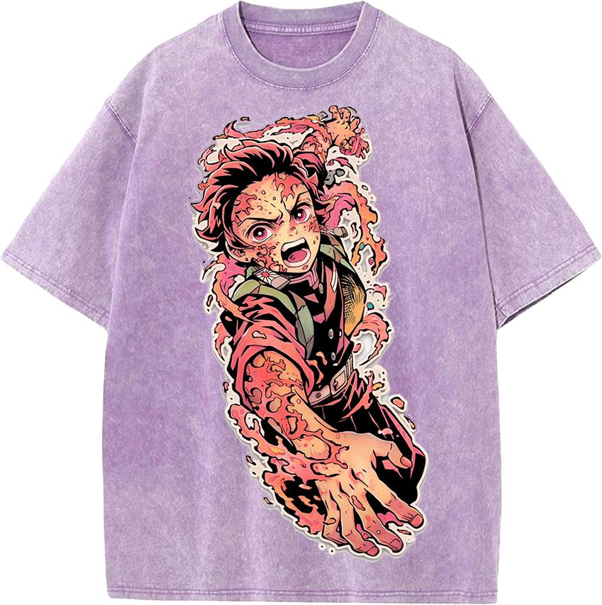 Japan Anime Demon Slayer Kamado Tanjirou Printed Tshirt Men Casual Cotton T-shirts Vintage Washed Tee Harajuku Male T Shirt