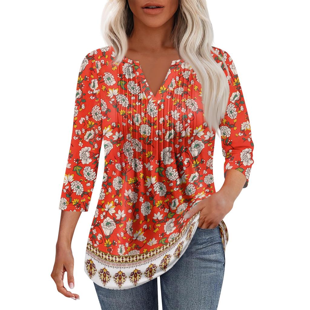 Modisches, lässiges T-Shirt mit plissiertem V-Ausschnitt und einfarbigen Siebenviertelärmeln für Damen