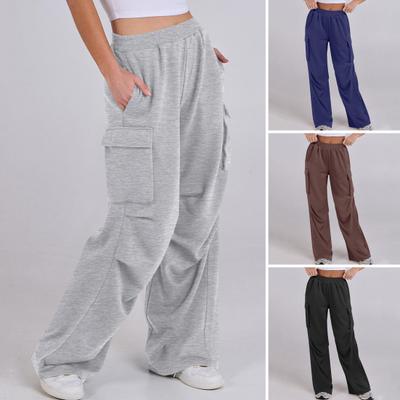 Women Cargo Pants Elastic Waist Mid-rise Straight Wide Leg Sweatpants with Multi Pockets Solid Color Casual Jogging Pants Loose Lounge Pants