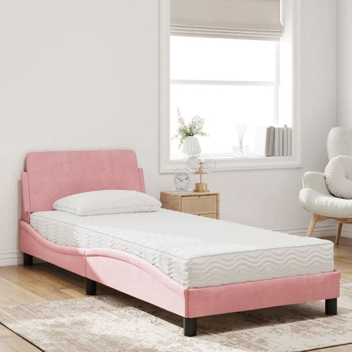 VidaXL Bed with Pink Mattress 90x200 Cm Velvet, Bedroom Furniture, Single Bed, Curved Bed Frame, Slatted Base, Velvet Bed 3208336