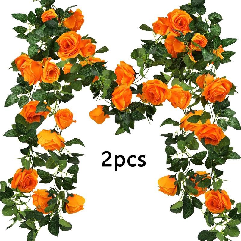 Konstsilkeväv, Orange Rosrankor, Halloween Konstgjorda Gröna Växter, Blomrankor, Hemmat Matbordsdekoration