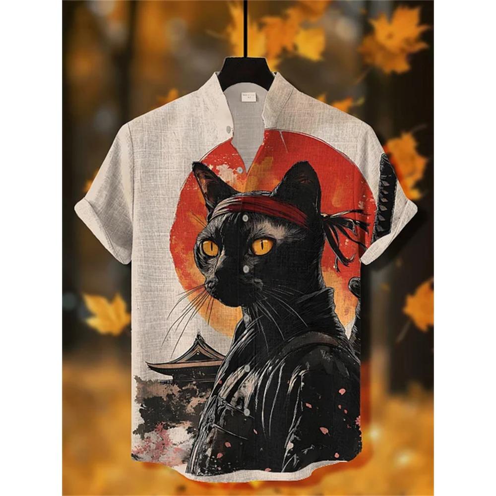 Men's Short-sleeved Shirt with Cat and Dinosaur Print, Casual and Stylish Vacation-style Men's Top, Fashionable Hawaiian Design.