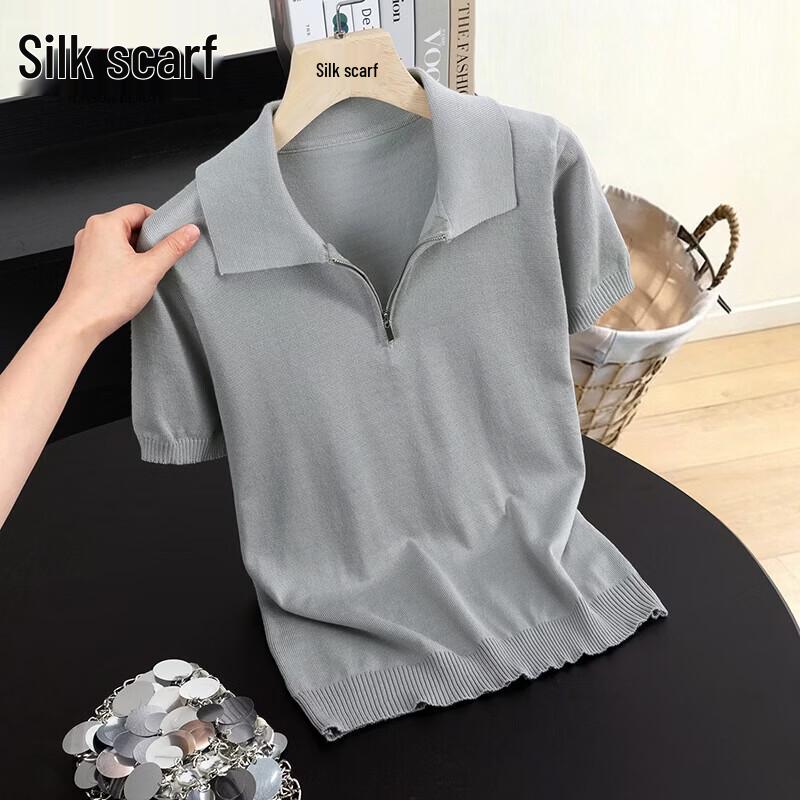 Silk Cypress Women s Slim Fit Lapel Knit Short Sleeve T-Shirt M