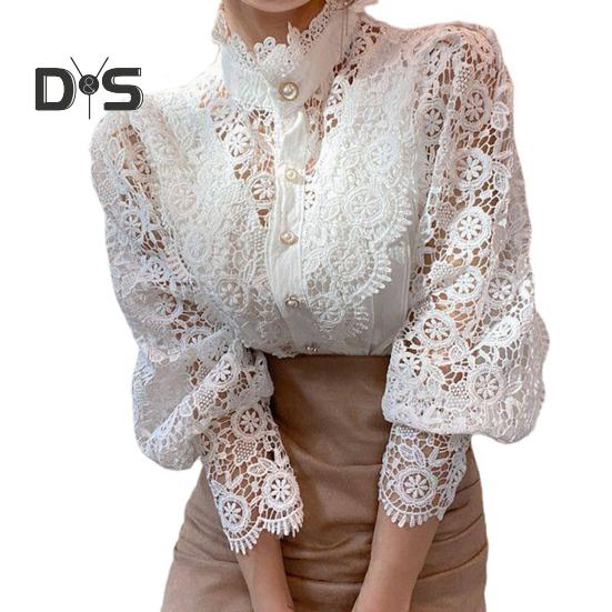 Kadın Gömlek Stand Yaka Fener Uzun Kollu Tek Sıra Gömlek Üstleri İçi Boş Nakış Dantel Düz Renk Üstler