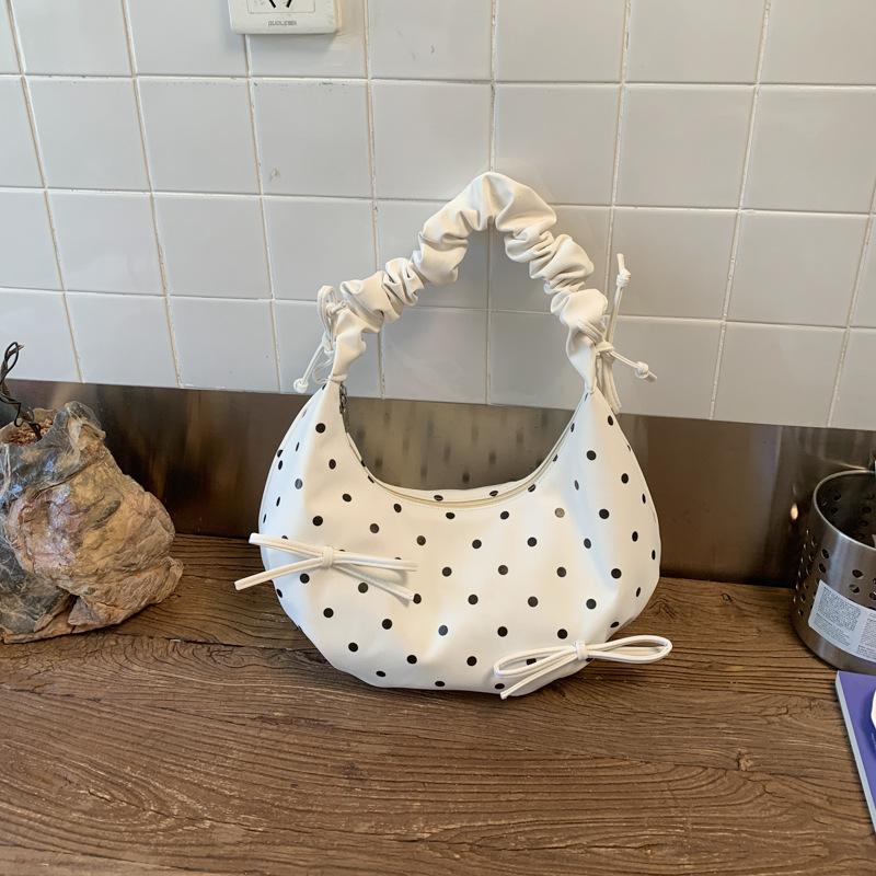 Small-scale Pleated Bow Handbag for Commuting, Single-shoulder Bag, Fashionable Polka Dot Crossbody Bag