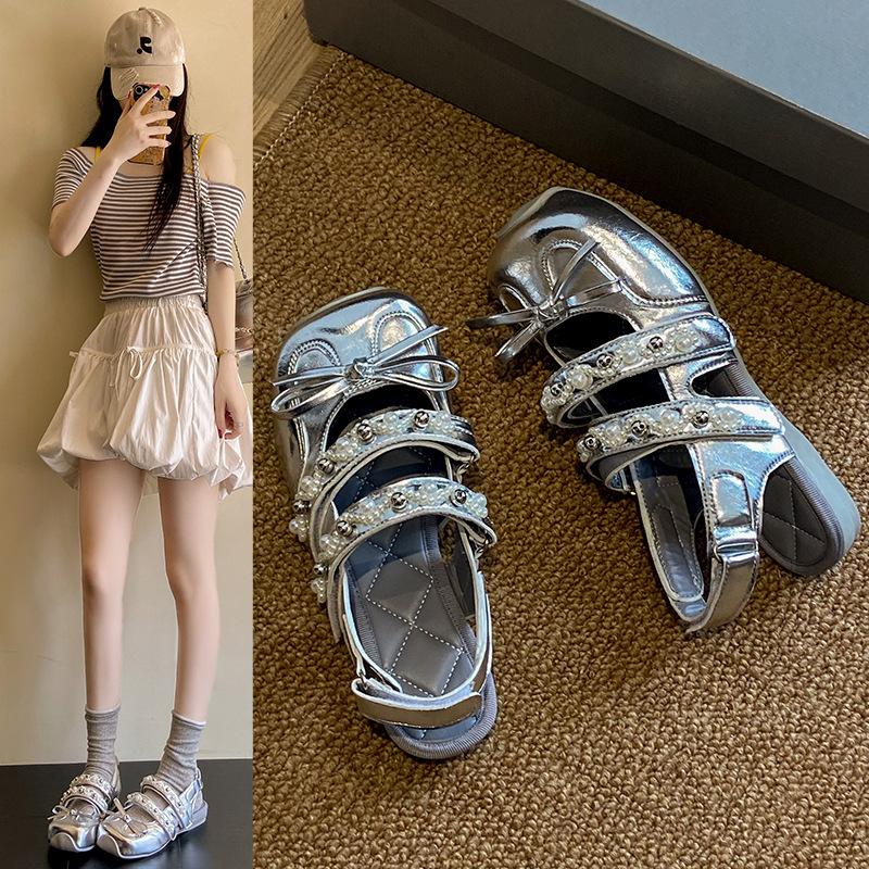 

French ballet dream flat bottom shallow mouth Mary Jane shoes women s summer bow sweet empty temperament bag head sandals 40 серебряный