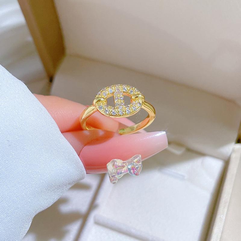 Real Gold Pig Nose Full Of Diamonds Ring Opening Adjustable Simple Jewelry Japanese Ring Couple Ring