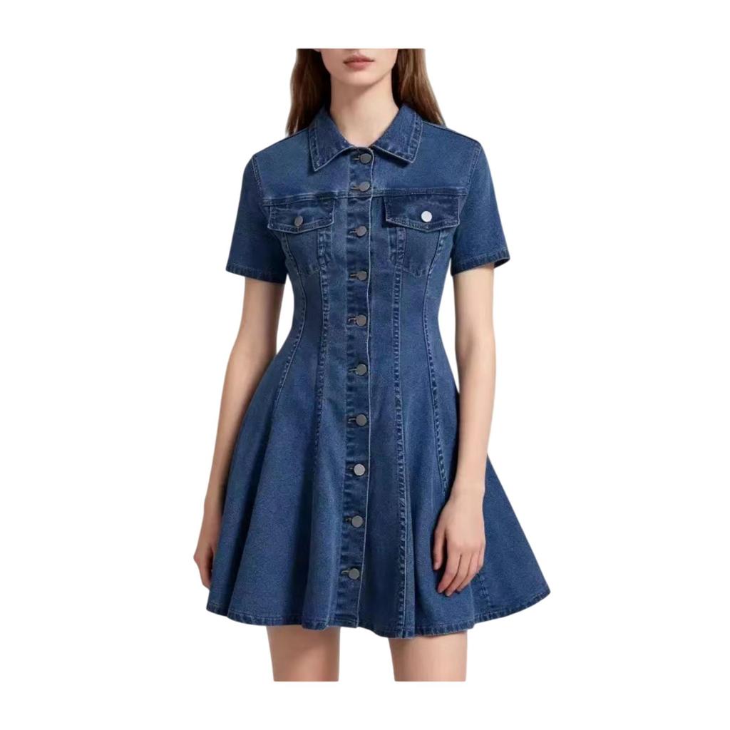 2026 שמלת חולצת ג'ינס חדשה לנשים עם צווארון דש וכיווץ במותן, סגנון קז'ואל