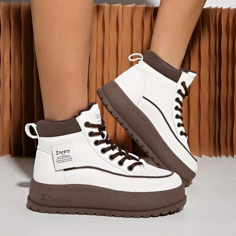 2024 Hot Sale Ladies Shoes Front Lace-up Women's Vulcanize Shoes Color Matching Winter Plus Velvet High Top Flat Shoes