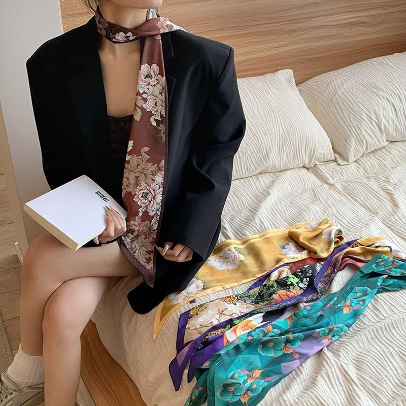 Silk scarf, long strip, high-end summer new neck protector, matching shirt, peony scarf, scarf, headscarf, headband, streamer.
