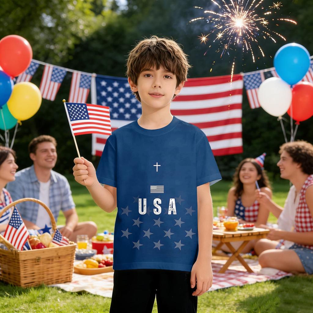 Kids Independence Day Print Round Neck Short Sleeve Casual T-shirt