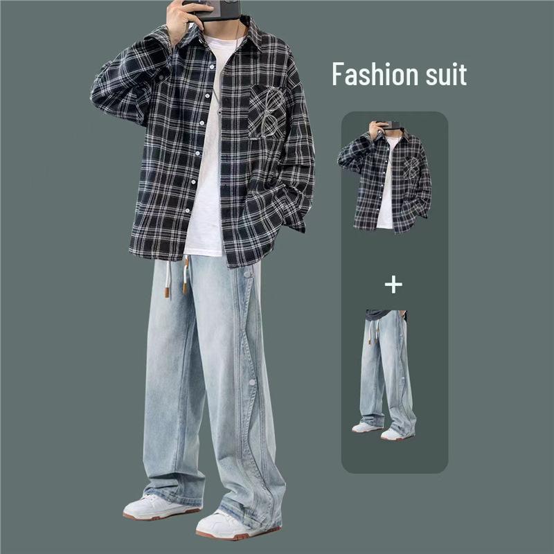 Men's Hong Kong Style Plaid Shirt Autumn Set - High-End Teen Cool & Handsome Outfit