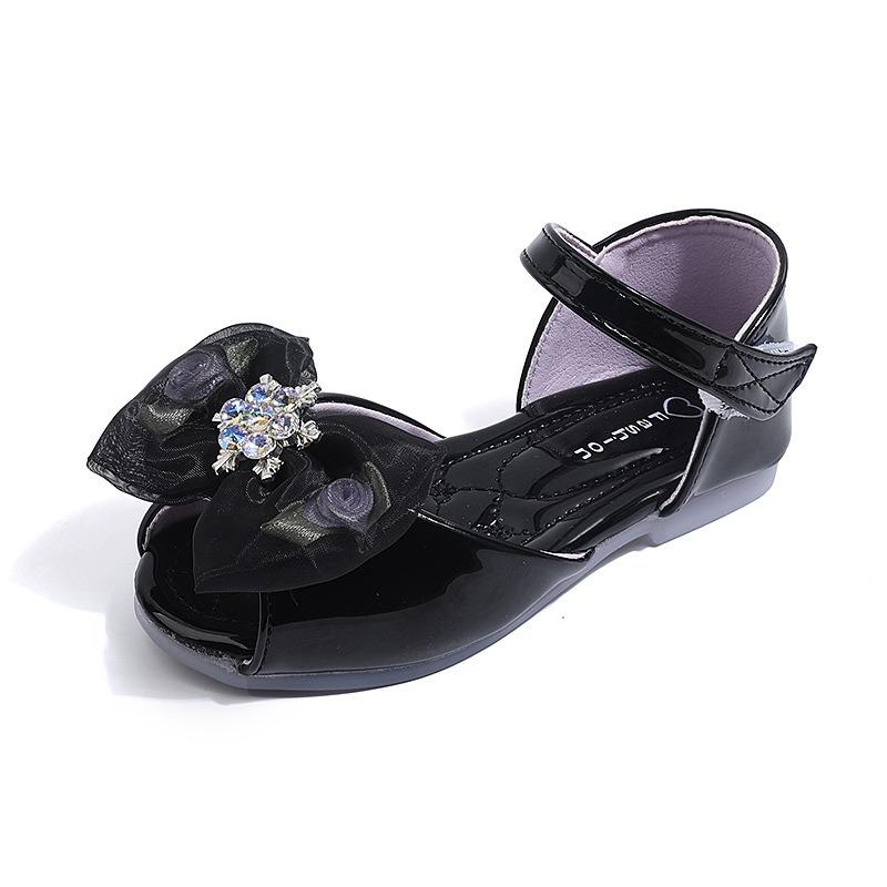 Girls' Rose Ribbon Bow and Rhinestone-Decorated Patent Leather Soft-Sole Princess Shoes / Fish-Mouth Children's Princess Sandals