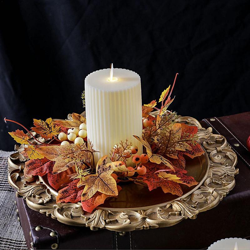 Fall Candle Ring 9.8Inch Maple Leaves Harvest Day Wreath Ring Holder Small Wreath Pillar Candle Holder Farmhouse Wreath Festival