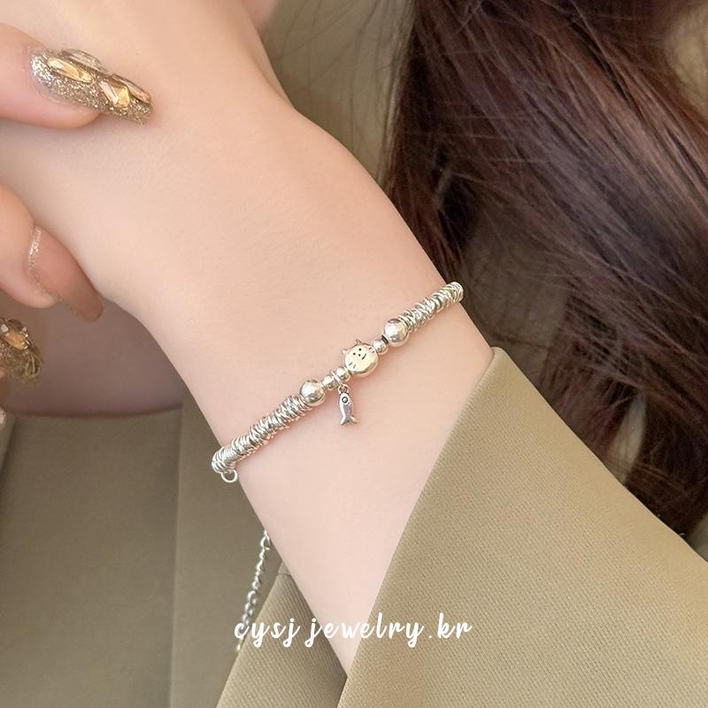 Cui Yan S925 Sterling Silver Korean Style Cat & Fish Wrap Bracelet for Women - Simple, Niche Design, 2025 New Collection.