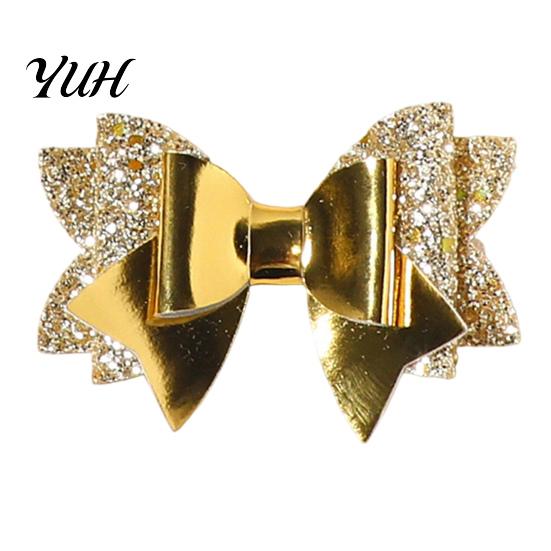 Fashion Hair Accessories Double Layered Glitter Bow Clip for Girls, Artificial Leather Barrettes, Party Non Slip Children Daily Wear & Kids