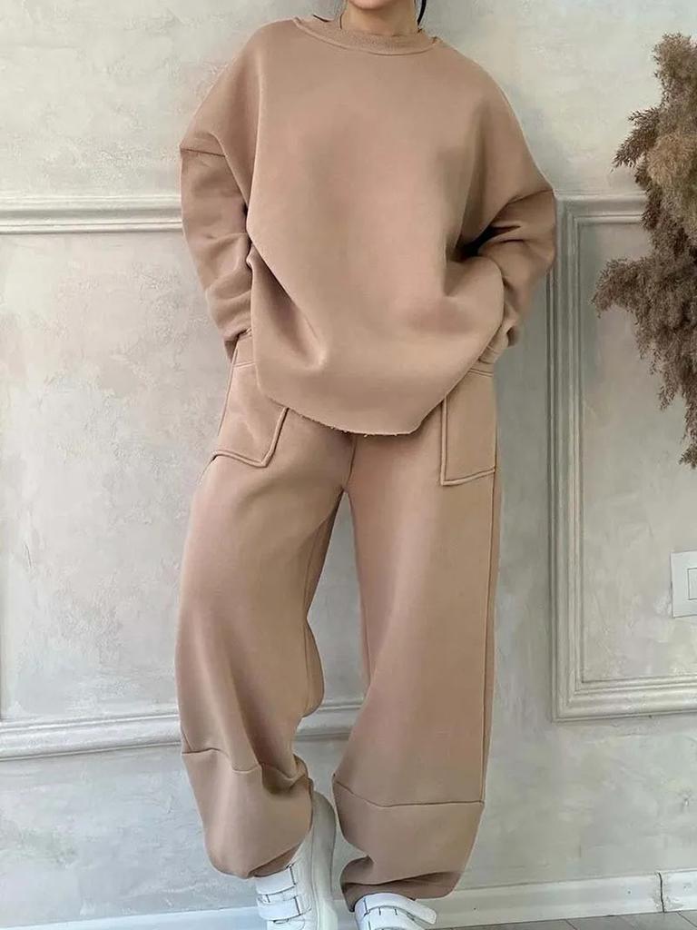 New Women's Fall Winter Casual Loose Crew Neck Long Sleeve Sweatshirt Pants Set