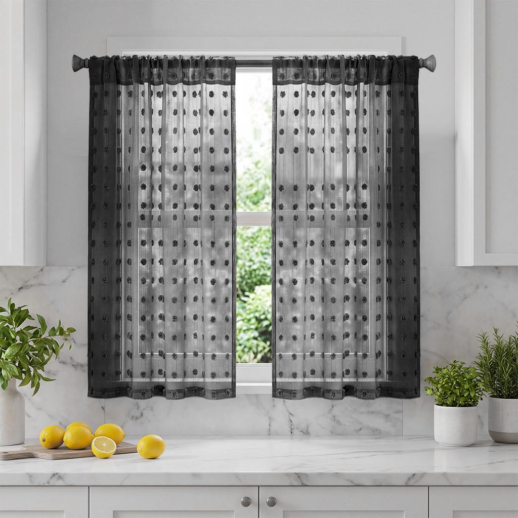 Kitchen Curtains, 2-Piece Set, Polka Dot Jacquard, Rod Pocket Top